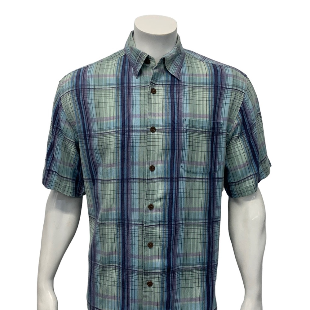 Tommy Bahama 100% Silk Green Blue Purple Plaid Short Sleeve Men’s Shirt Medium